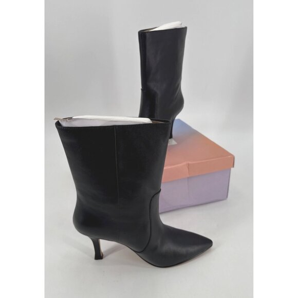 Lisa Vicky Women's Boots Black Leather Pointed Toe Stiletto Mid Calf Size 10 - Picture 1 of 13